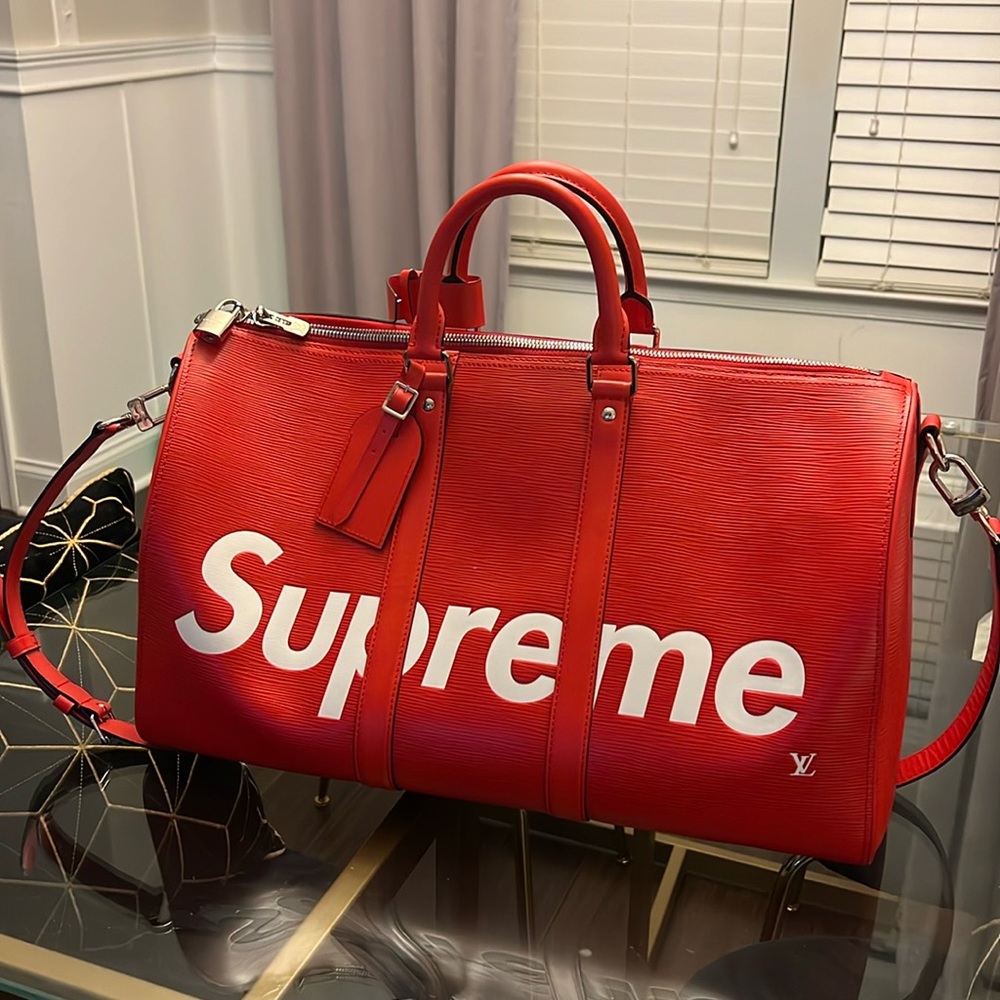 Supreme x Louis Vuitton Red Epi Leather Keepall Bandouliere duffle